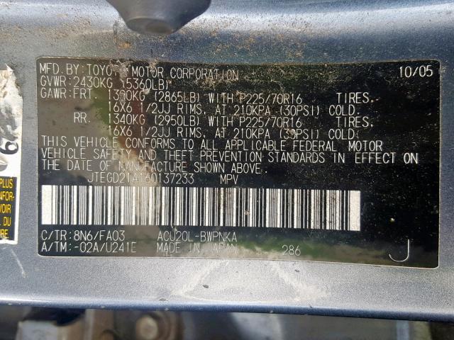 JTEGD21A160137233 - 2006 TOYOTA HIGHLANDER BLUE photo 10