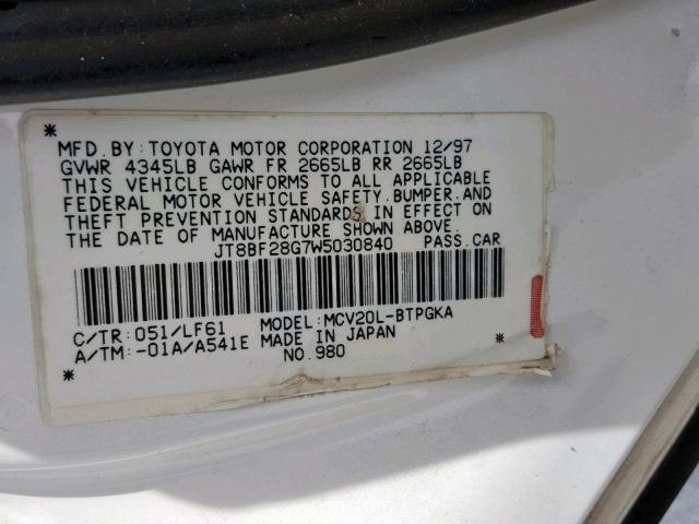 JT8BF28G7W5030840 - 1998 LEXUS ES 300 WHITE photo 10