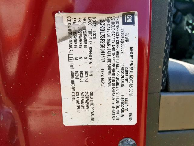 2CKDL73F266041417 - 2006 PONTIAC TORRENT RED photo 10