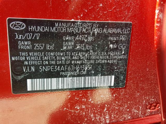 5NPE34AF6JH613851 - 2018 HYUNDAI SONATA SPO RED photo 10