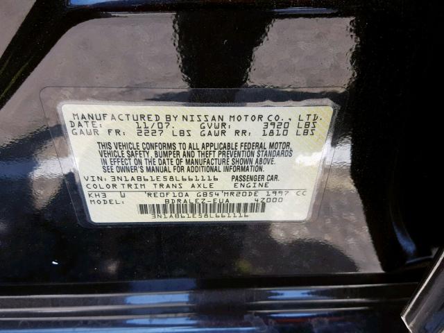 3N1AB61E58L661116 - 2008 NISSAN SENTRA 2.0 BLACK photo 10