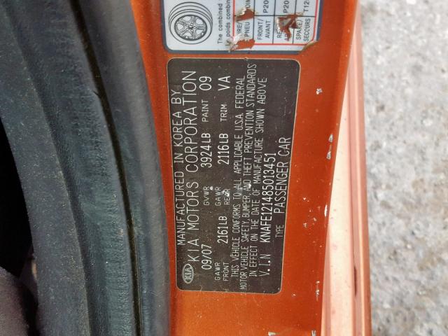 KNAFE121485013451 - 2008 KIA SPECTRA EX ORANGE photo 10