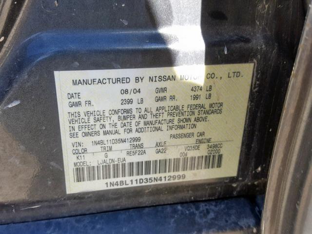 1N4BL11D35N412999 - 2005 NISSAN ALTIMA SE CHARCOAL photo 10