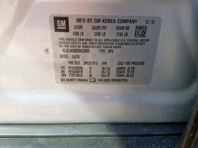 KL4CJASB3EB633905 - 2014 BUICK ENCORE SILVER photo 10