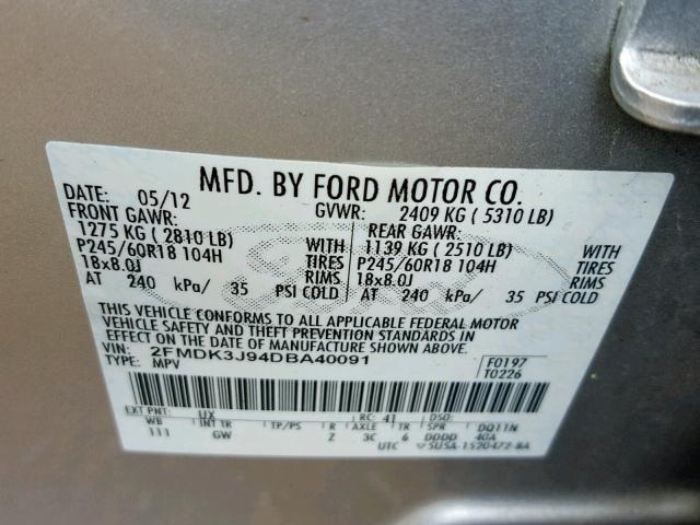 2FMDK3J94DBA40091 - 2013 FORD EDGE SEL SILVER photo 10