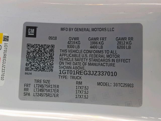 1GT01REG3JZ337010 - 2018 GMC SIERRA C25 WHITE photo 10