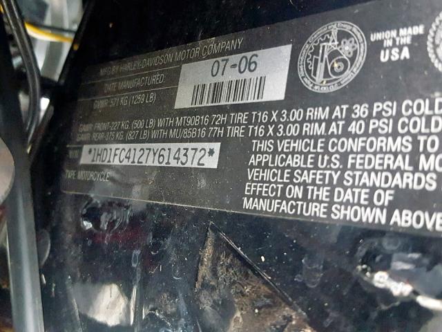 1HD1FC4127Y614372 - 2007 HARLEY-DAVIDSON FLHTCUI BLACK photo 10