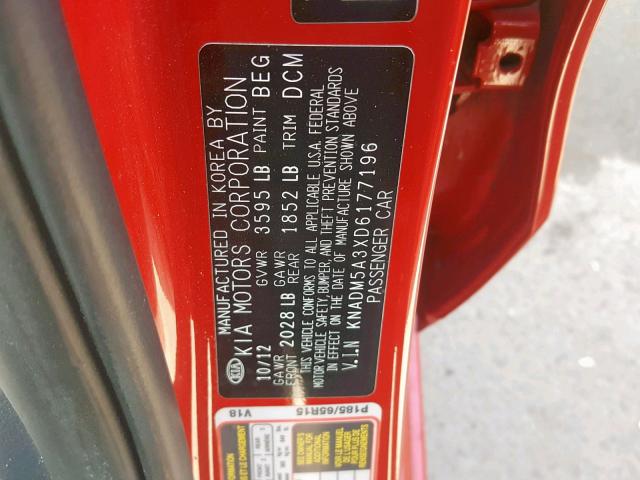 KNADM5A3XD6177196 - 2013 KIA RIO LX RED photo 10