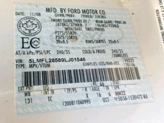 5LMFL28589LJ01546 - 2009 LINCOLN NAVIGATOR 白色 照片 10