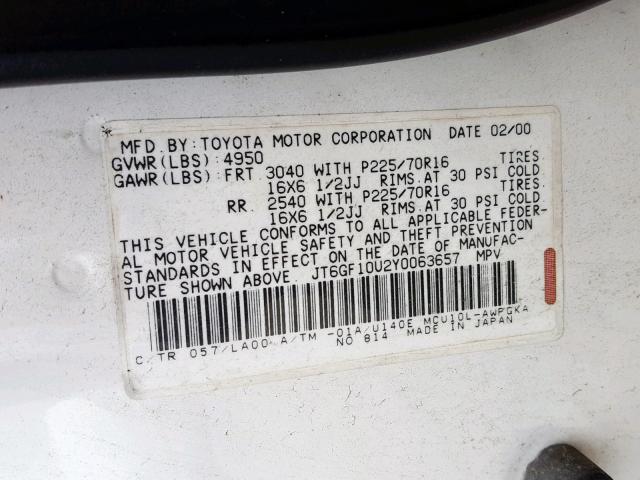 JT6GF10U2Y0063657 - 2000 LEXUS RX 300 WHITE photo 10