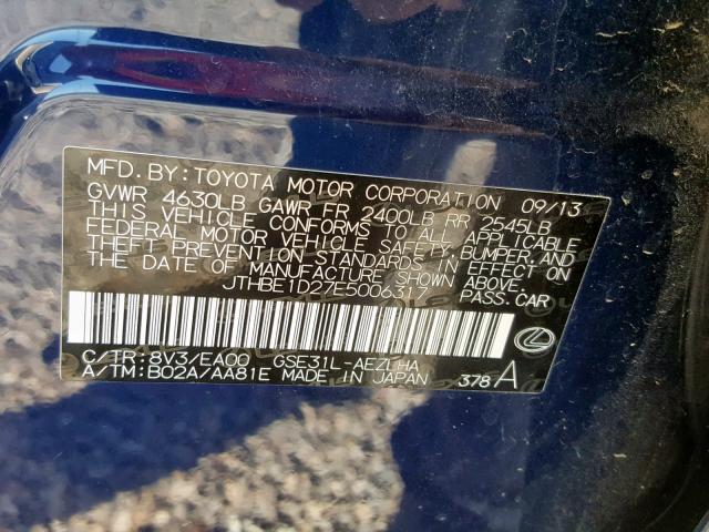 JTHBE1D27E5006317 - 2014 LEXUS IS 350 BLUE photo 10