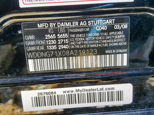 WDDNG71X08A219123 - 2008 MERCEDES-BENZ S 550 BLACK photo 10