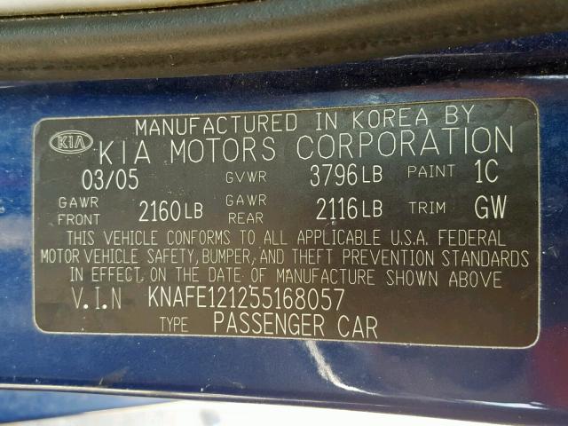 KNAFE121255168057 - 2005 KIA NEW SPECTR BLUE photo 10