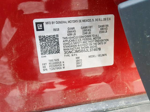 3GNCJMSB5JL374678 - 2018 CHEVROLET TRAX PREMI RED photo 10