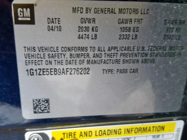 1G1ZE5EB9AF276202 - 2010 CHEVROLET MALIBU LTZ ლურჯი ფოტო 10