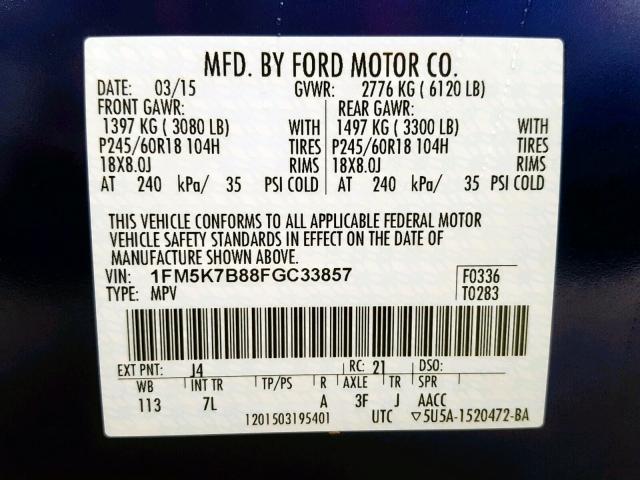 1FM5K7B88FGC33857 - 2015 FORD EXPLORER BLUE photo 10