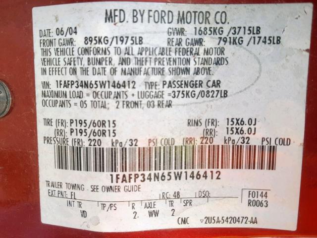 1FAFP34N65W146412 - 2005 FORD FOCUS ZX4 MAROON photo 10