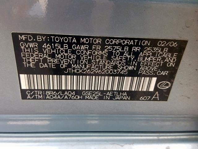 JTHCK262962003745 - 2006 LEXUS IS 250 BLUE photo 10