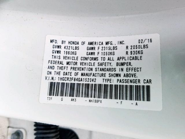 1HGCR2F84GA152042 - 2016 HONDA ACCORD EXL WHITE photo 10