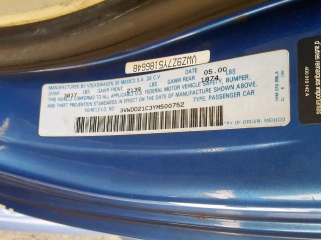 3VWDD21C3YM500752 - 2000 VOLKSWAGEN NEW BEETLE ლურჯი ფოტო 10