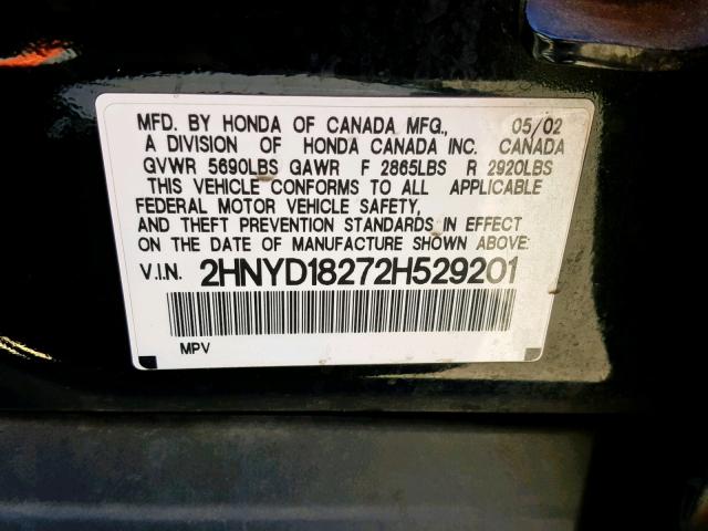 2HNYD18272H529201 - 2002 ACURA MDX BLACK photo 10