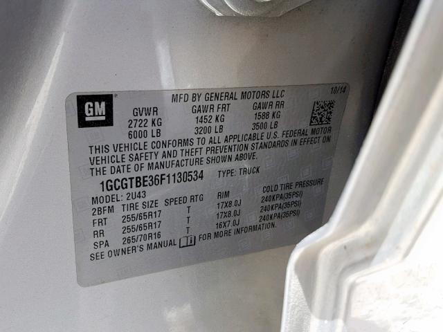 1GCGTBE36F1130534 - 2015 CHEVROLET COLORADO L SILVER photo 10