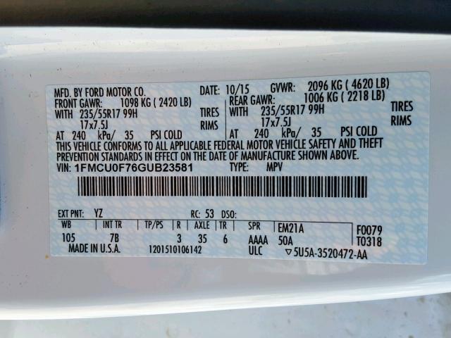 1FMCU0F76GUB23581 - 2016 FORD ESCAPE S WHITE photo 10