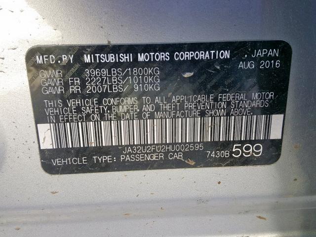 JA32U2FU2HU002595 - 2017 MITSUBISHI LANCER ES SILVER photo 10