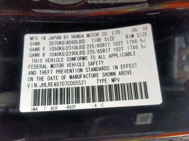 JHLRE48707C005521 - 2007 HONDA CR-V EXL BLACK photo 10