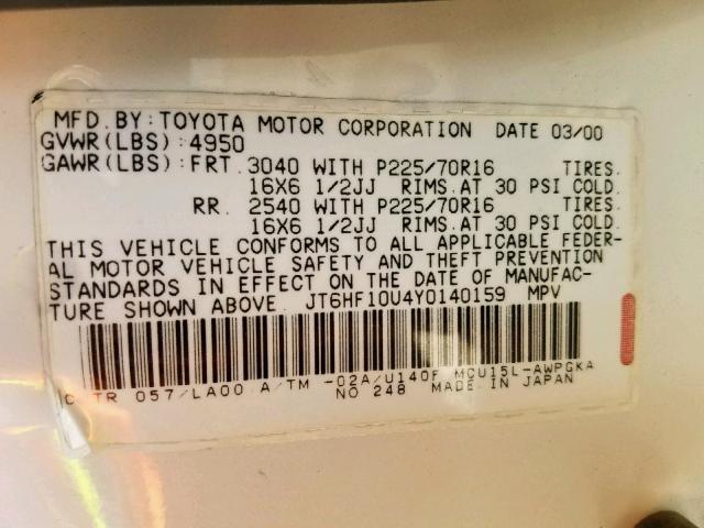 JT6HF10U4Y0140159 - 2000 LEXUS RX 300 WHITE photo 10