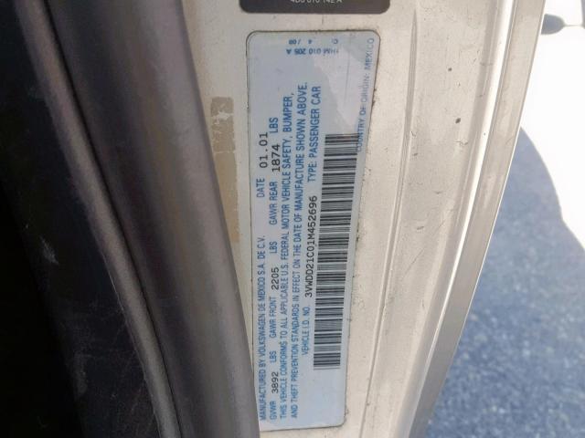 3VWDD21C01M452696 - 2001 VOLKSWAGEN NEW BEETLE SILVER photo 10