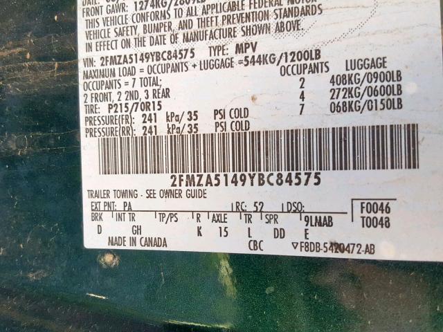 2FMZA5149YBC84575 - 2000 FORD WINDSTAR GREEN photo 10