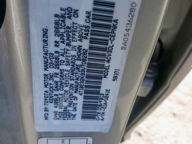 4T1BE32K93U708282 - 2003 TOYOTA CAMRY LE SILVER photo 10