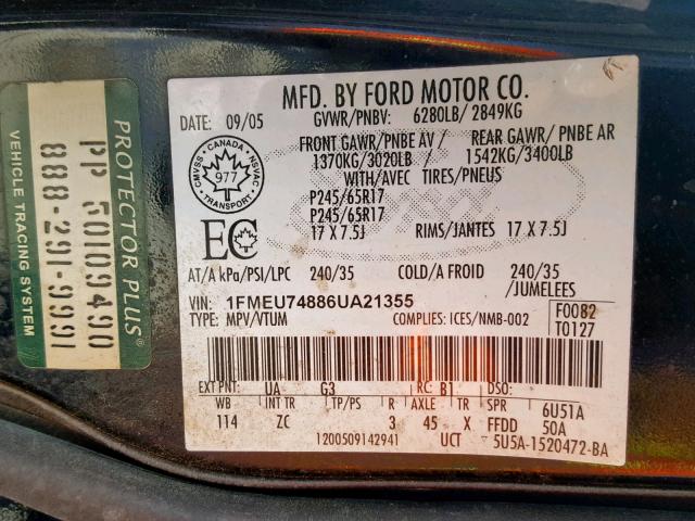 1FMEU74886UA21355 - 2006 FORD EXPLORER E BLACK photo 10