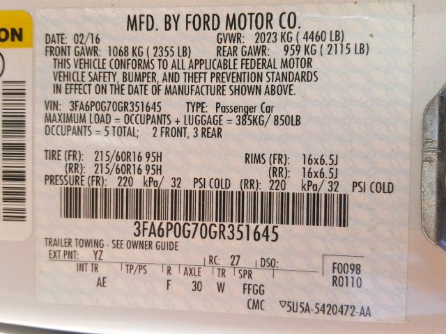 3FA6P0G70GR351645 - 2016 FORD FUSION S WHITE photo 10