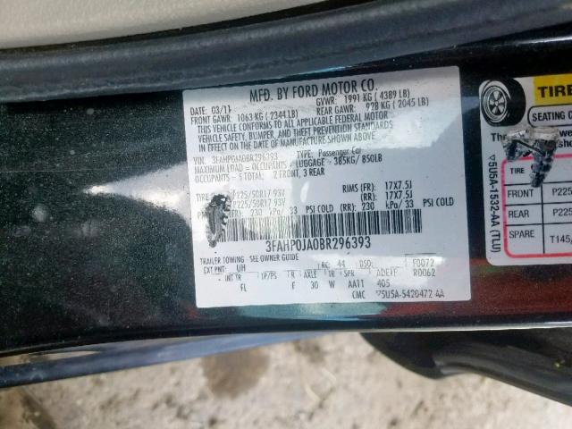 3FAHP0JA0BR296393 - 2011 FORD FUSION SEL BLACK photo 10