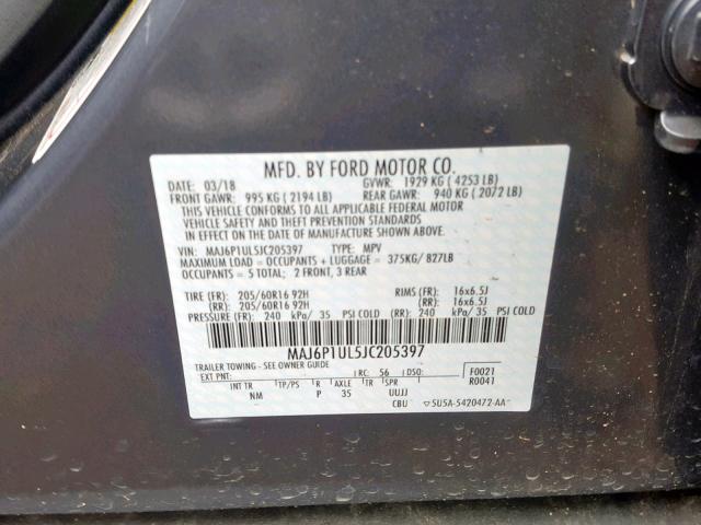 MAJ6P1UL5JC205397 - 2018 FORD ECOSPORT S GRAY photo 10