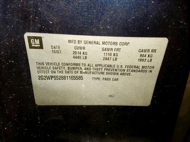 2G2WP552881165585 - 2008 PONTIAC GRAND PRIX BLUE photo 10