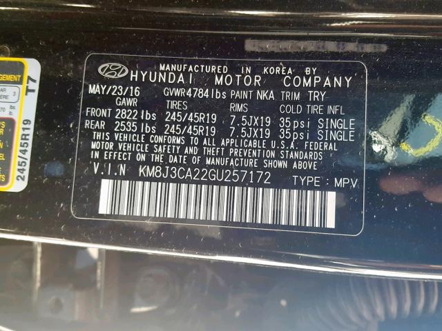 KM8J3CA22GU257172 - 2016 HYUNDAI TUCSON LIM BLACK photo 10