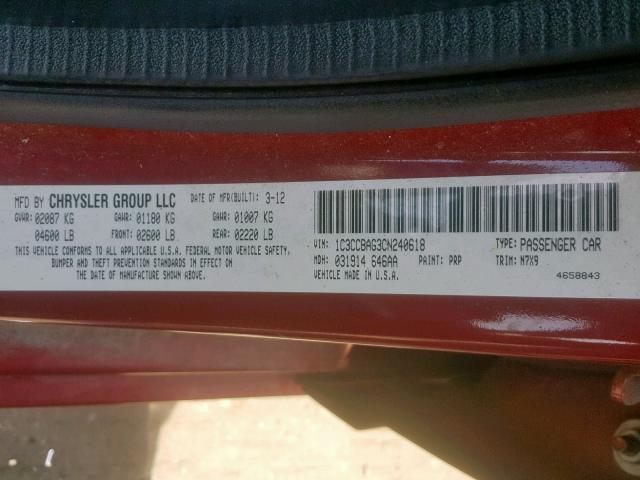 1C3CCBAG3CN240618 - 2012 CHRYSLER 200 LX RED photo 10