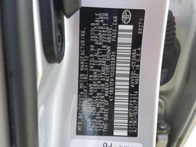 4T1BD1FK1CU025834 - 2012 TOYOTA CAMRY HYBR SILVER photo 10