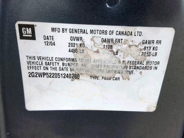 2G2WP522051240280 - 2005 PONTIAC GRAND PRIX GRAY photo 10