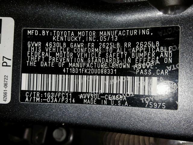 4T1BD1FK2DU088331 - 2013 TOYOTA CAMRY HYBR GRAY photo 10