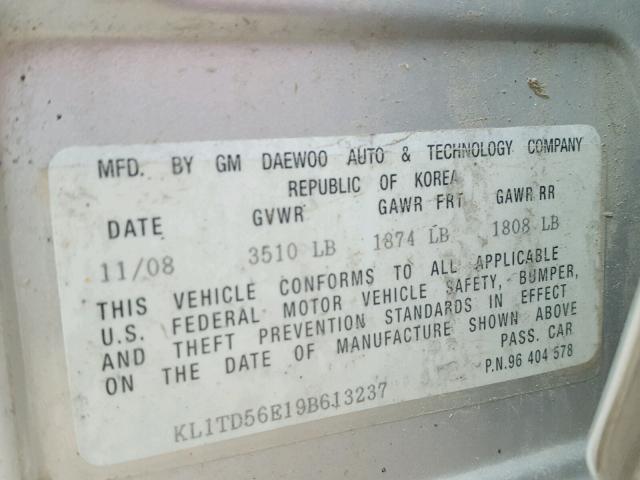 KL1TD56E19B613237 - 2009 CHEVROLET AVEO LS SILVER photo 10