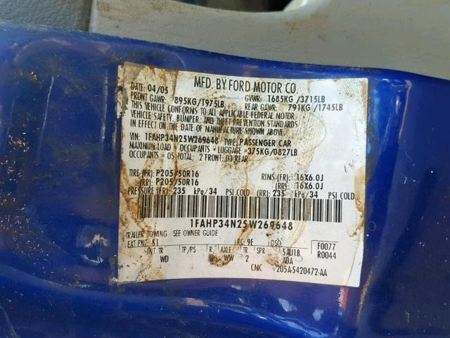 1FAHP34N25W269648 - 2005 FORD FOCUS ZX4 BLUE photo 10