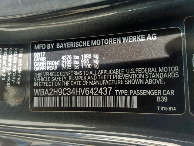 WBA2H9C34HV642437 - 2017 BMW 230XI GRAY photo 10