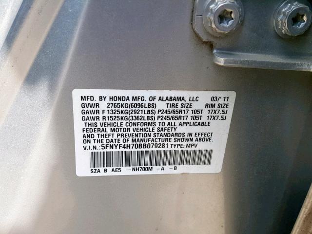 5FNYF4H70BB079281 - 2011 HONDA PILOT EXLN SILVER photo 10