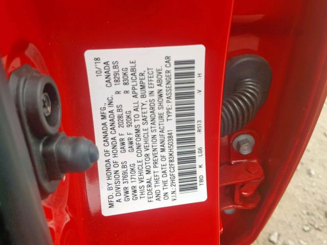 2HGFC2F83KH503841 - 2019 HONDA CIVIC SPOR RED photo 10