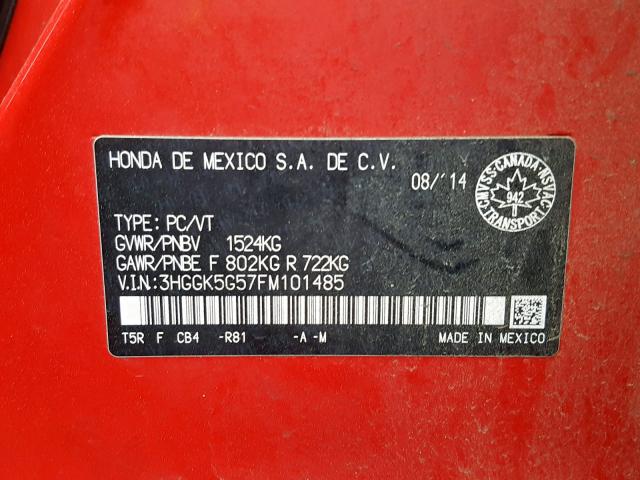 3HGGK5G57FM101485 - 2015 HONDA FIT LX RED photo 10