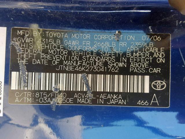 JTNBE46K273041762 - 2007 TOYOTA CAMRY NEW BLUE photo 10